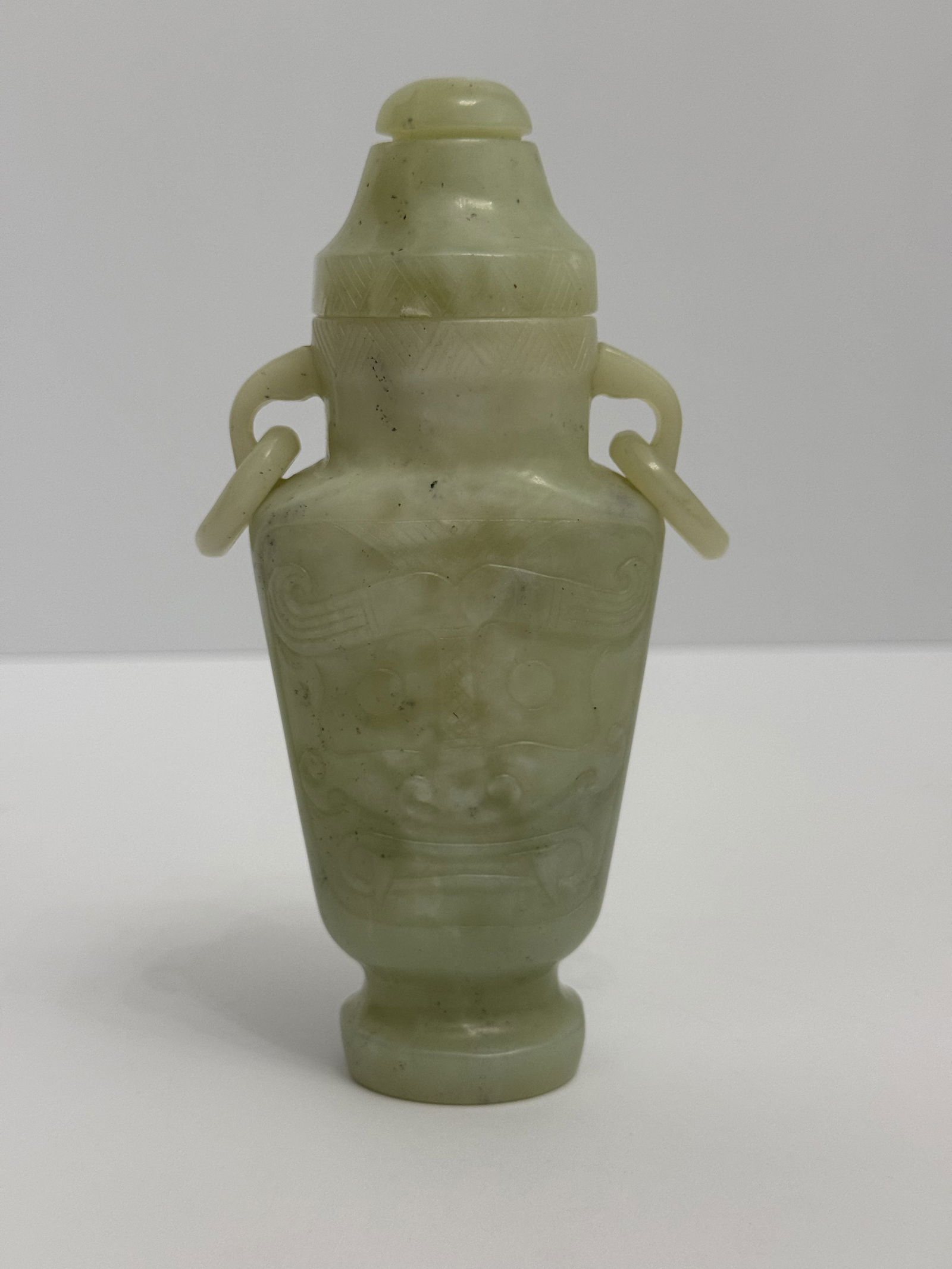 Chinese Carved Green Jade Lidded Jar with Ring Handles (1 of 6)