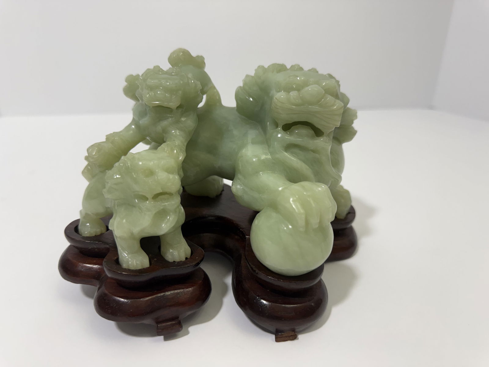 Chinese Carved Green Jade Foo Dog Guardian Lion Group on Fitted Hardwood Stand (1 of 7)