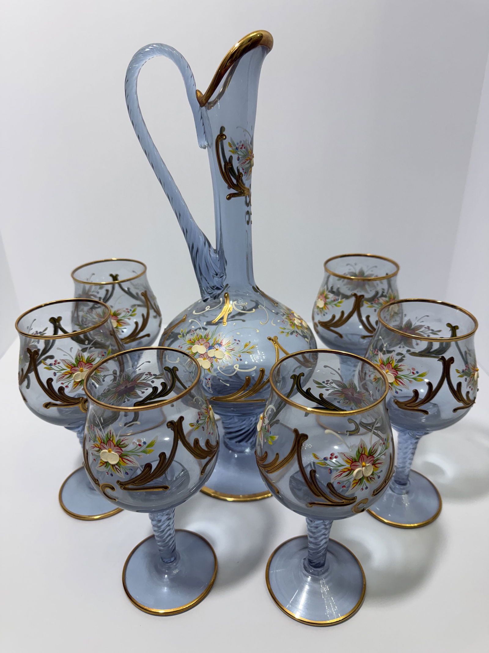 Signed Murano-Style Venetian Art Glass Decanter Set w/ 6 Goblets - Gilt Enamel (1 of 10)