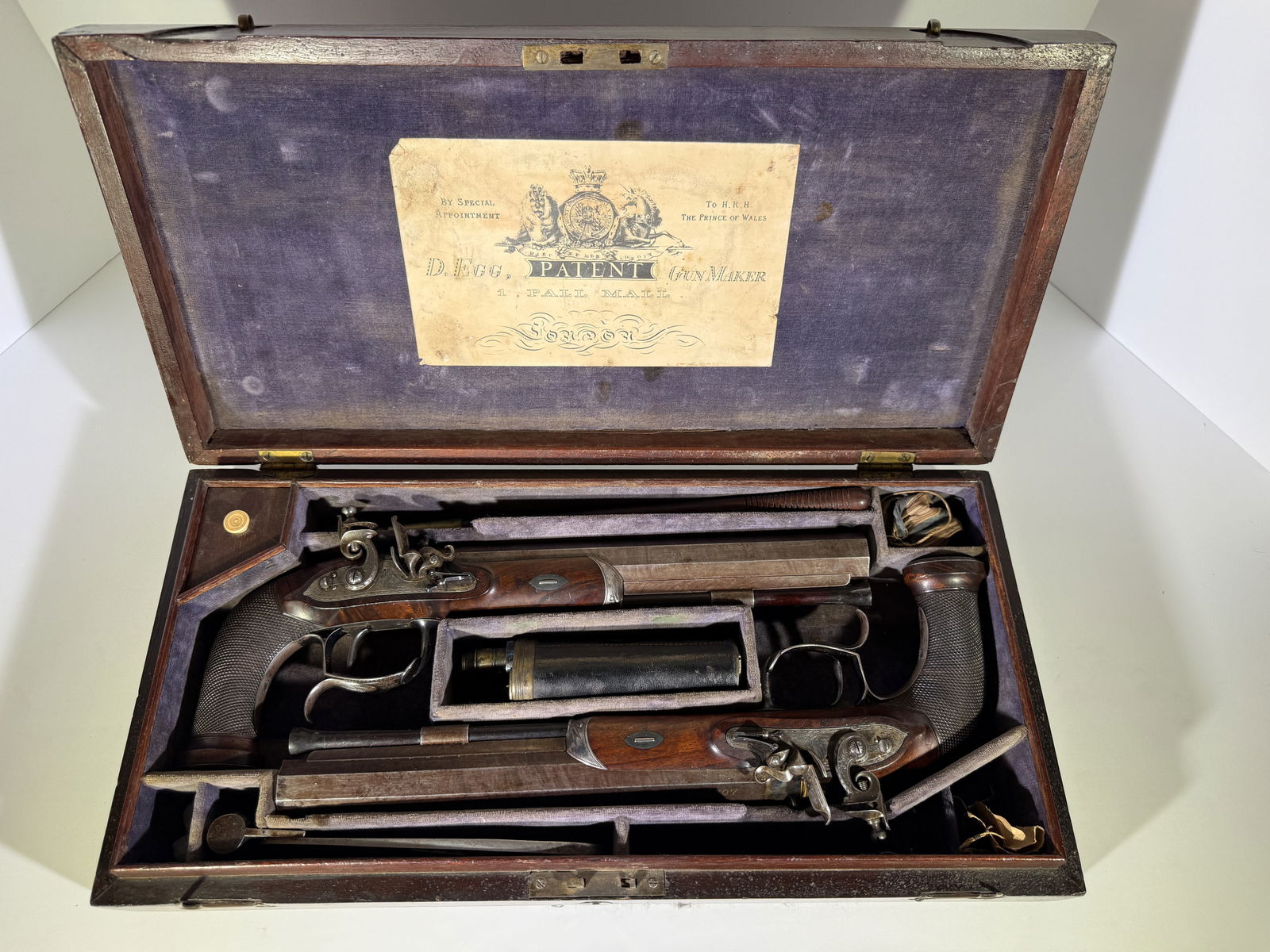 Antique Cased Pair of English Flintlock Dueling Pistols by D. Egg - Complete Gentleman's Set (1 of 17)