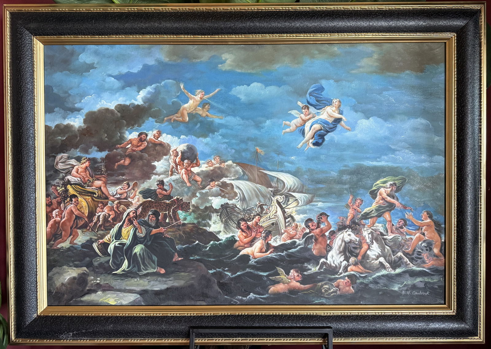 "Triumph of Bacchus Neptune & Amphitrite" Oil on Canvas Signed - B. H. Cranbrook: A dramatic and finely executed Baroque Revival mythological Oil painting, signed B. H. Cranbrook, Commissioned Replica of "Triumph of Bacchus Neptune & Amphitrite" depicting a richly animated classica