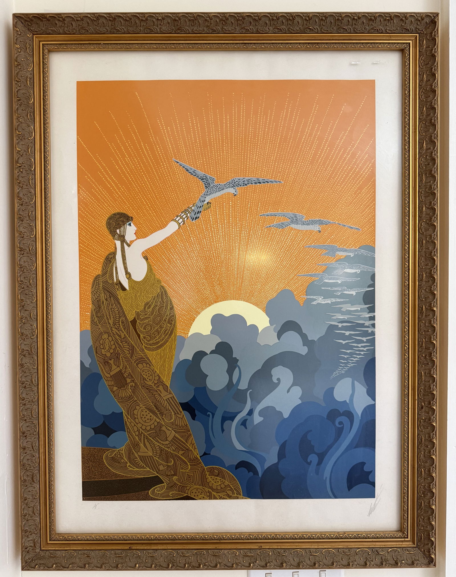 Erté (Romain de Tirtoff) AP (Artist Proof) Limited Edition Signed Art Deco Serigraph: This striking Erté (Romain de Tirtoff, 1892-1990)serigraph Hand-signed in pencil marked AP (Artist Proof) exemplifies the height of Art Deco glamour. This striking piece depicts a stylized female fig