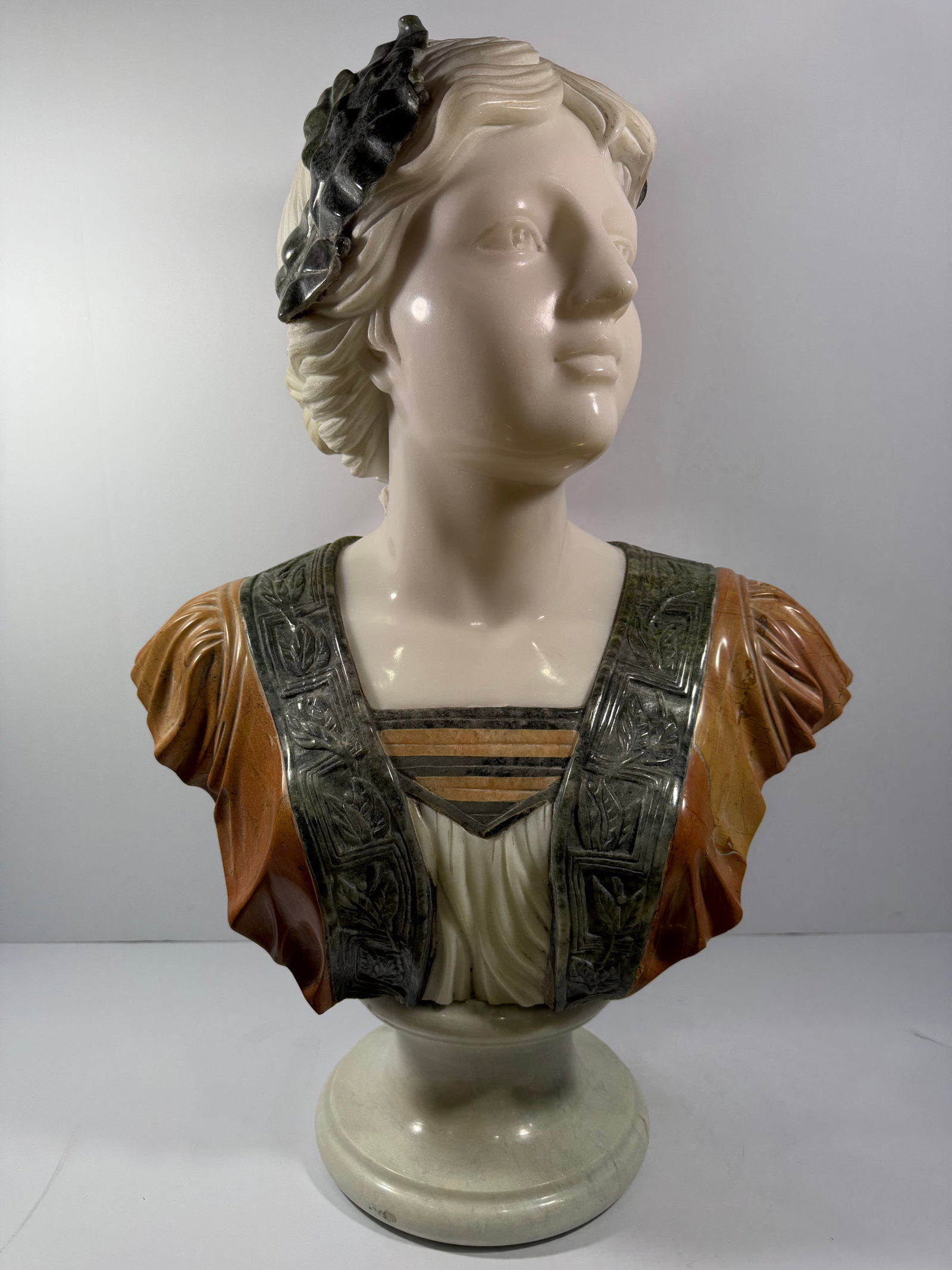 Monumental 26"Tall Italian Polychrome Marble Bust of Classical Maiden (1 of 5)