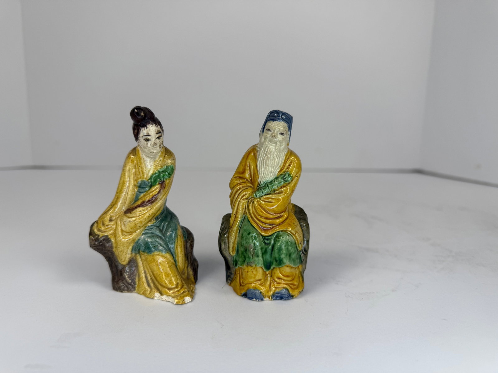 Pair Chinese Glazed Earthenware Scholar & Female Attendant Figures – Mingqi Style Tomb Figures (1 of 4)