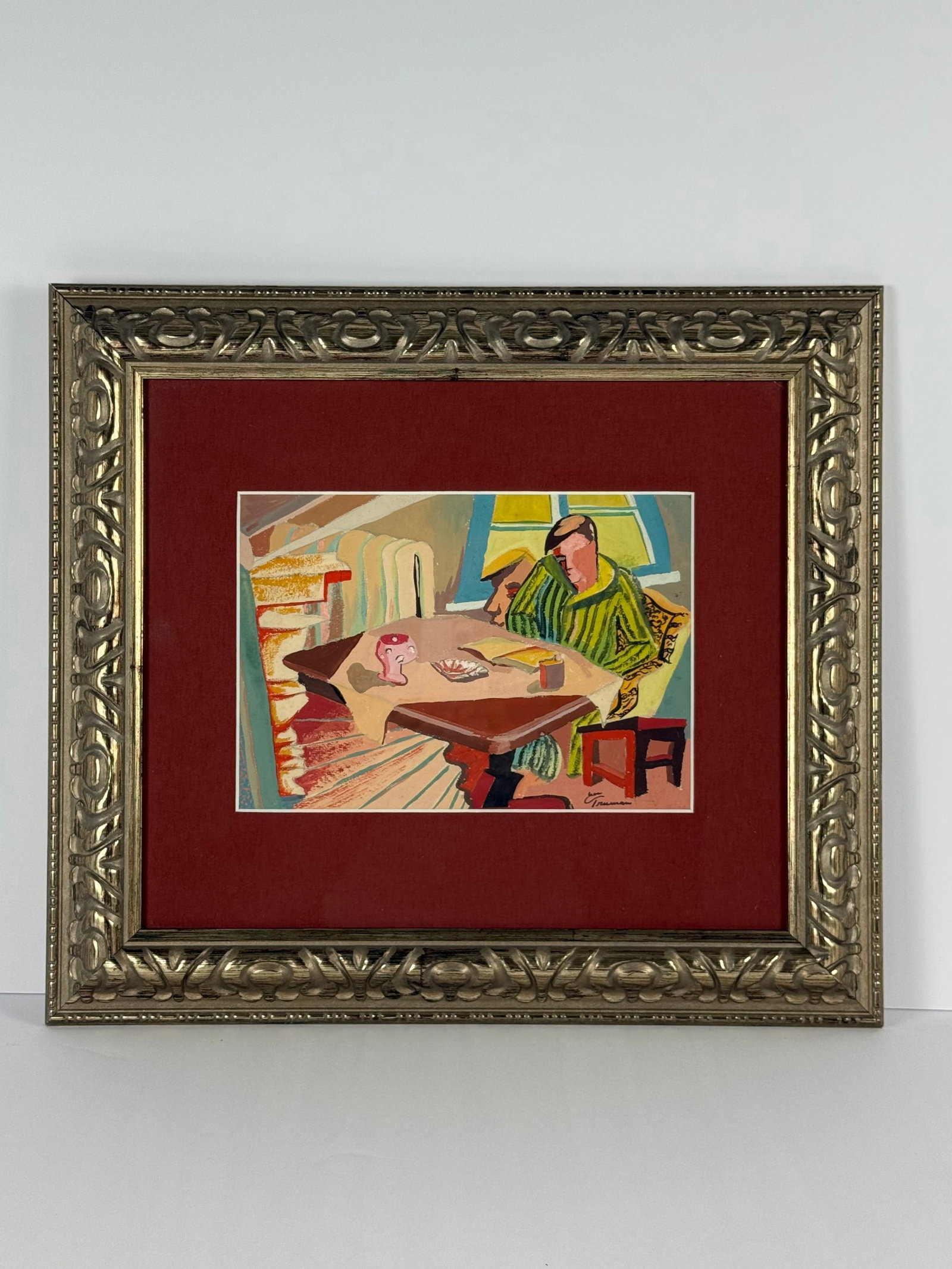 Original Framed Gouache signed “Truman”: Original framed gouache painting on paper titled “Truman,” depicting a stylized mid-century modern interior scene with seated figure beside a table within a colorful domestic setting. Piece me
