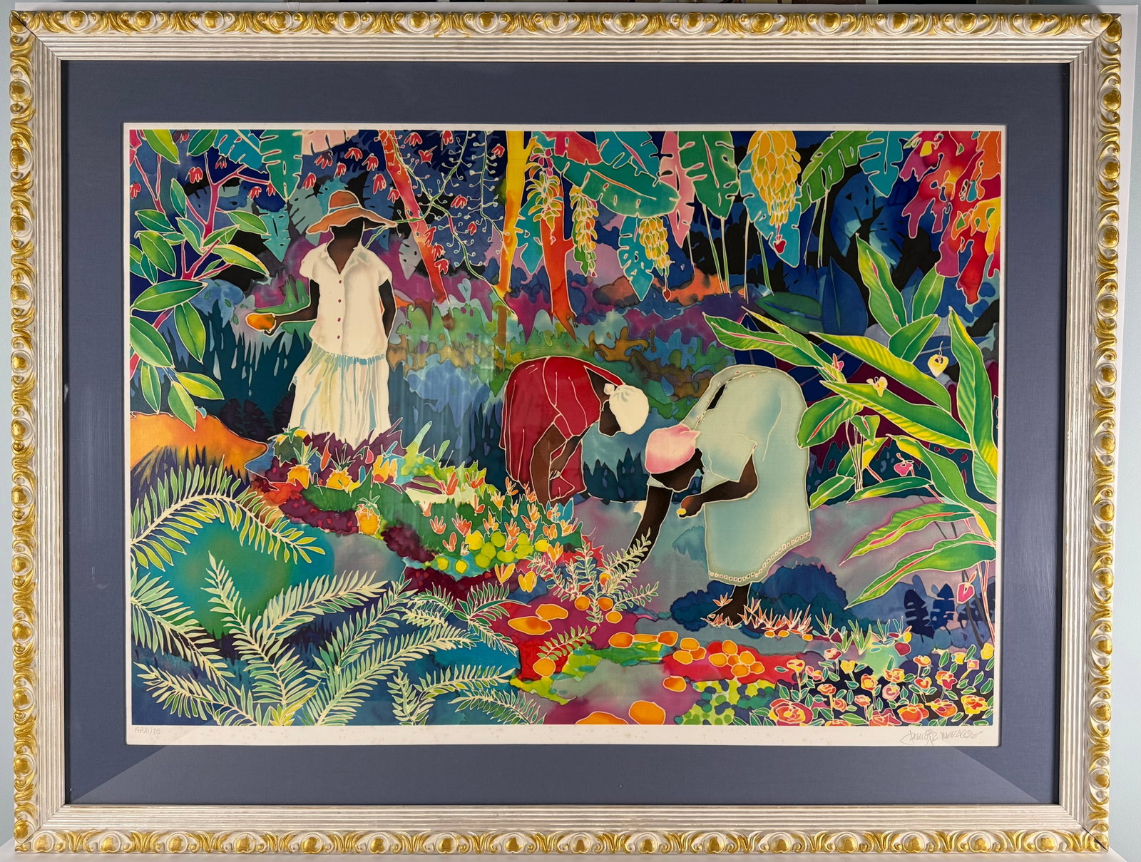 Large Jennifer Markes Tropical Figural Serigraph, AP 21/75: Large and visually dynamic limited edition serigraph by Jennifer Markes depicting female figures within a lush tropical landscape rendered in vivid saturated hues. The composition features dense botan