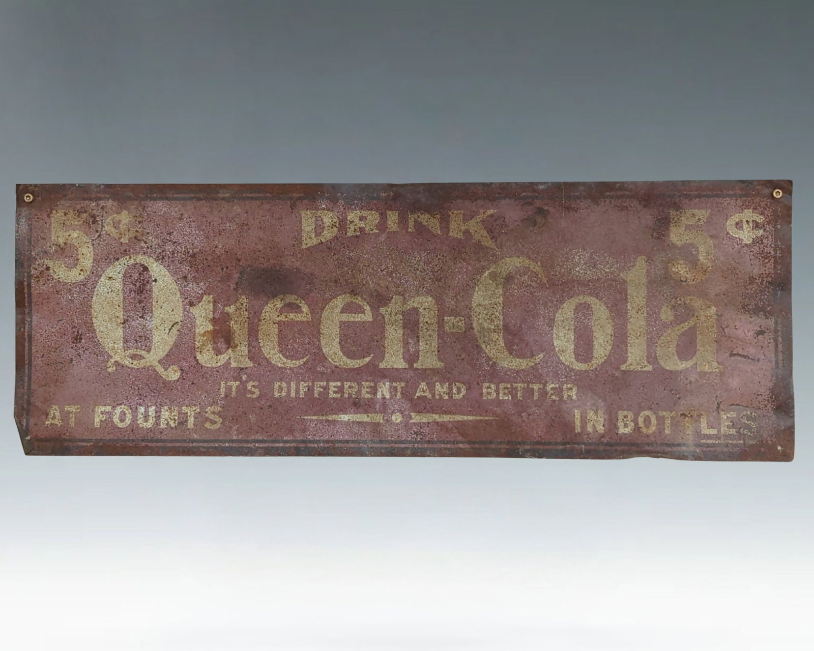 Rare Antique 1910s-20s Queen-Cola 5¢ Metal Soda Pop Advertising Sign: Rare and highly sought-after antique metal advertising sign for "Queen-Cola." This is a true survivor from the golden age of soda pop, when hundreds of local and regional brands vied for a place at th