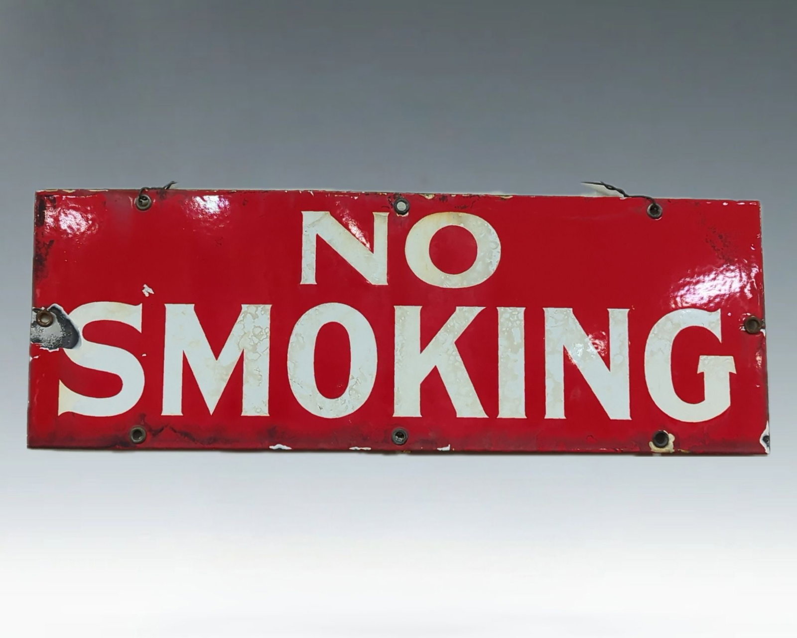 Vintage "NO SMOKING" Porcelain Enamel Sign - Bright Red Industrial Classic #1: Vintage "NO SMOKING" sign, crafted from heavy-duty porcelain enamel. Measuring approximately 12 inches by 4 inches, this sign's compact size and bold, high-contrast graphics make it a quintessential p