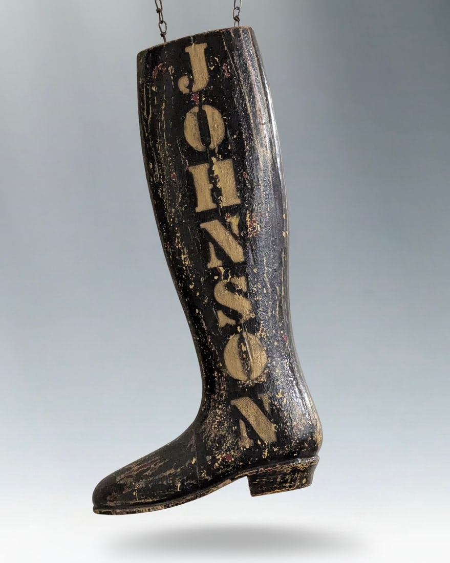 Antique 3-Dimensional Carved Wood "JOHNSON" Riding Boot Hanging Trade Sign (1 of 1)