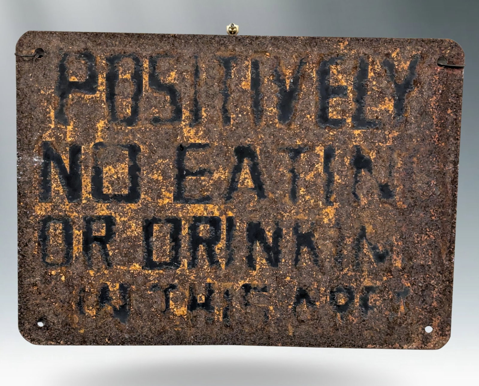 Vintage Industrial Metal Sign - "Positively No Eating Or Drinking" with Heavy Rust Patina #3: This piece is the epitome of authentic, time-earned character, with a no-nonsense message that reads "POSITIVELY NO EATING OR DRINKING IN THIS AREA." Originally a functional safety sign from a factory