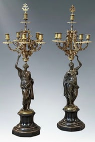 Pair of Grand Tour Style Patinated Bronze & Gilt Caryatid Candelabra, c.1870