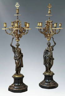 Pair of Grand Tour Style Patinated Bronze & Gilt Caryatid Candelabra, c.1870: An exceptional pair of large French figural candelabra in the Grand Tour or Empire Revival style, circa 1870. Each piece is a tour-de-force of 19th-century bronze work, featuring a classical female ca