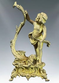 Antique French Rococo Revival Gilded Spelter Putto Candlestick / Mantel Garniture