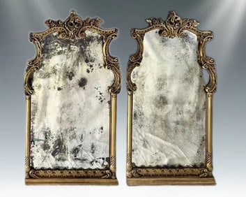 Magnificent Pair of Antique Rococo Revival Giltwood Mirrors, Custom Foxed Glass