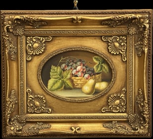 Vintage European School Still Life Oil Painting in Ornate Gold Gilt Baroque Frame