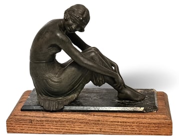 Art Deco BRIG Paris France Seated Female Bronze Sculpture Marble Base, c.1920s
