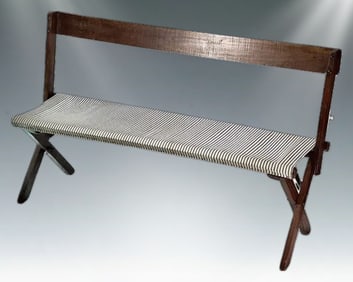Long Farmhouse Folding Bench, Vintage Wood Frame with Striped Canvas Seat
