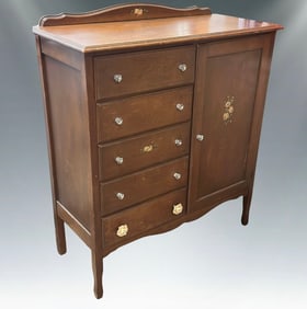 Vintage 1930s Walnut-Finish Chifferobe with Floral Details & Glass Knobs