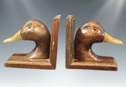 Pair of Carved Wood & Brass Duck Bookends, Mid-Century Traditional Office Decor