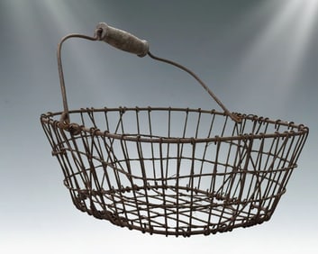 Lot of 4 Vintage Wire Clam Baskets with Wood Handles, Nautical Style