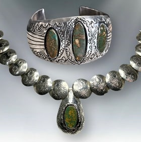Important Paul Benally (Navajo) Monumental Sterling & High-Grade Green Turquoise Suite