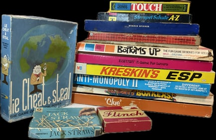 Vintage Board Game Lot of 13 - Kreskin's ESP, Bonkers, Clue, Adult Games, 70s