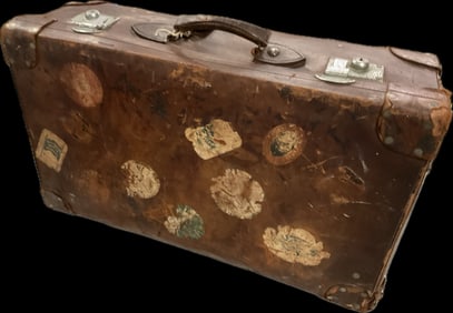 Authentic Vintage 1930s Well-Traveled Leather Suitcase w/ Travel Stickers - Decorative Prop