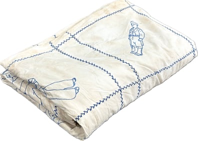 Vintage 1930s Bluework Embroidered Quilt - Folk Art Sailor Boy - Crib / Child's