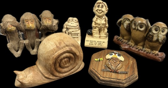 Lot of 6 Mixed Vintage Figurines - Monkeys, Owls, Quotes, Snail