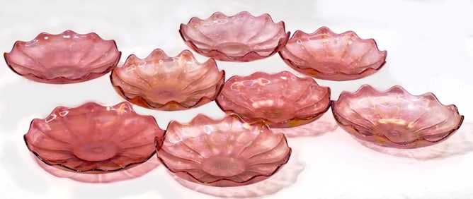 Set of Eight Iridescent Pink Art Glass Bowls