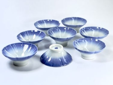 Set of 8 Blue and White Paperthin Porcelain Salt Cellars Soy Sauce Cups