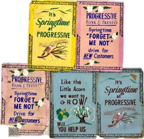 5pc. Vintage Hand-Painted Progressive Bank & Trust Co. Advertisements