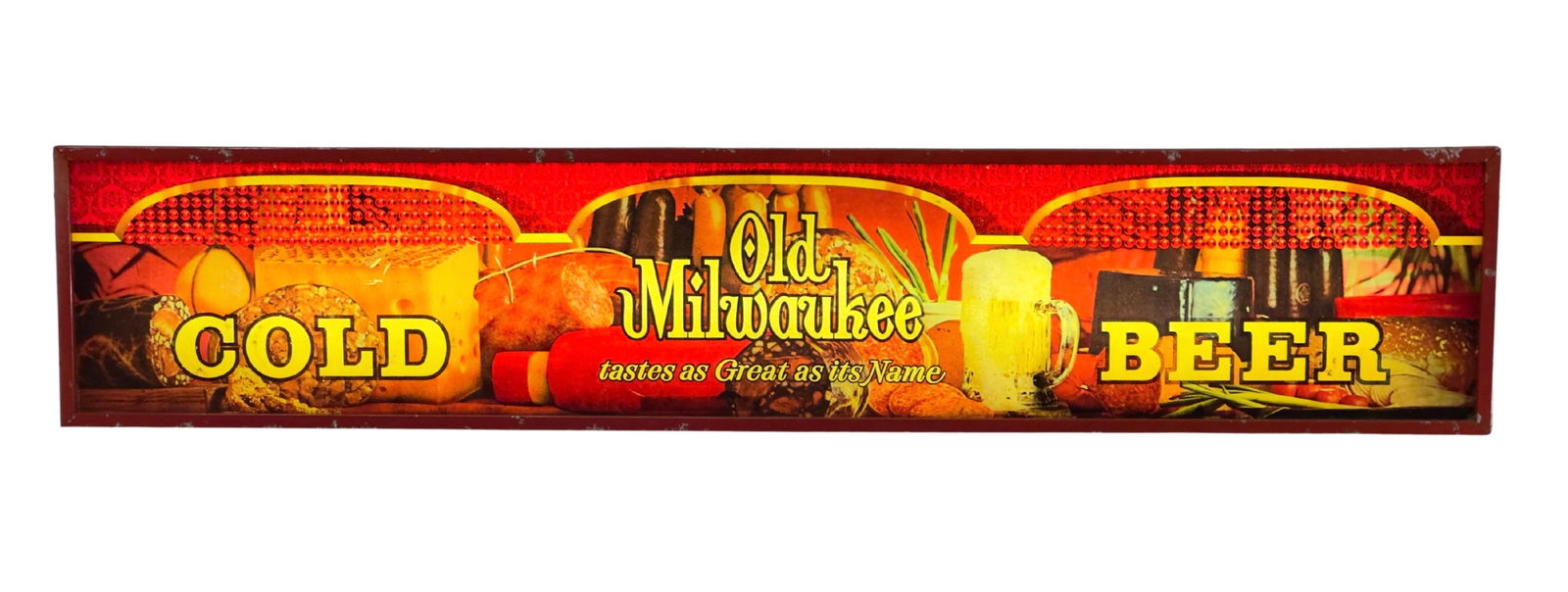 Vintage Old Milwaukee Cold Beer Advertising Light-Up Box Sign: This is a vintage Old Milwaukee advertising sign featuring the slogan 'Cold Beer tastes as Great as its Name.' The sign is plug-in ready and lights up, showcasing vibrant colors and classic beer image