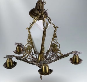 Antique Art Nouveau Cast Brass and Glass Chandelier