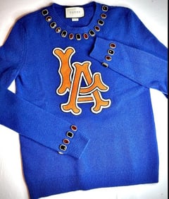 Gucci Blue Wool Sweater with Embellished Neckline and LA Appliqué (XS) NWOT