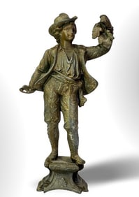 Antique Spelter Sculpture of a Boy with Bird