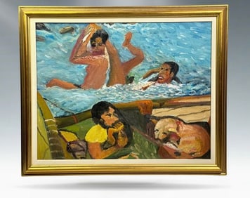 Vibrant Mid-Century Modernist Oil Painting of Swimmers