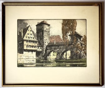 Rudolf Veit Etching of Nuremberg Scene, 1928 Signed by Artist
