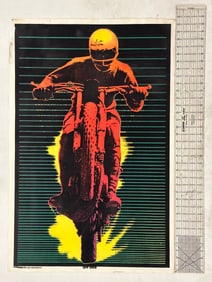 Vintage 1970s Motorcycle Blacklight Poster 'Hot Bike'