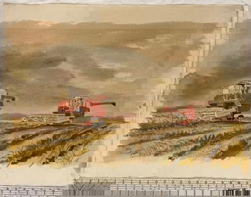 Vintage Watercolor Painting of Harvest Scene with Combines - Unknown Artist