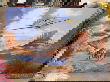 Contemporary Landscape Paining with Motorcycle and Airplane