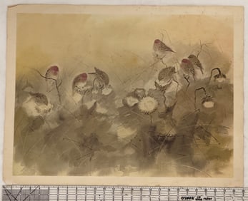 Vintage Watercolor Painting of Birds on Thistles