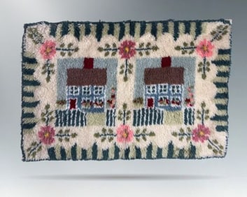 Vintage Hand-Hooked Wool Rug with Cottage and Floral Motif