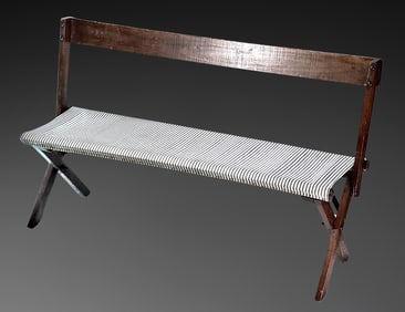 Vintage French Folding Wooden Bench with Striped Fabric Seat