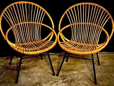 Iconic Pair of Mid-Century French Riviera Rattan Saucer Chairs, ca. 1960