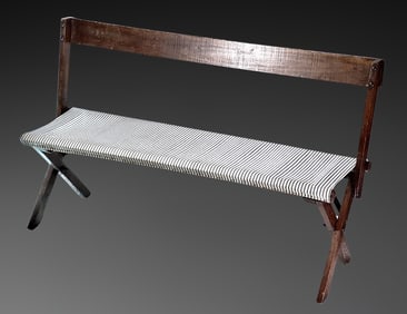 Long Farmhouse Folding Bench, Vintage Wood Frame with Striped Canvas Seat