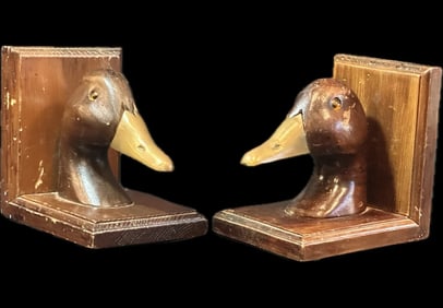 Pair of Carved Wood & Brass Duck Bookends, Mid-Century Traditional Office Decor