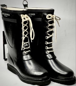 Ilse Jacobsen Handmade Black Rubber Lace-Up Boots NWT Sz 37