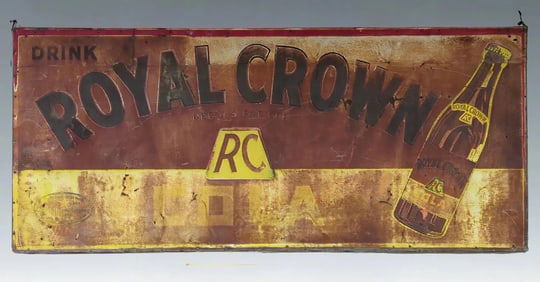 Monumental Vintage 1940s Royal Crown Cola Embossed Metal Sign - 95" x 41"