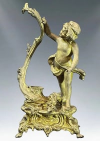 Antique French Rococo Revival Gilded Spelter Putto Candlestick / Mantel Garniture